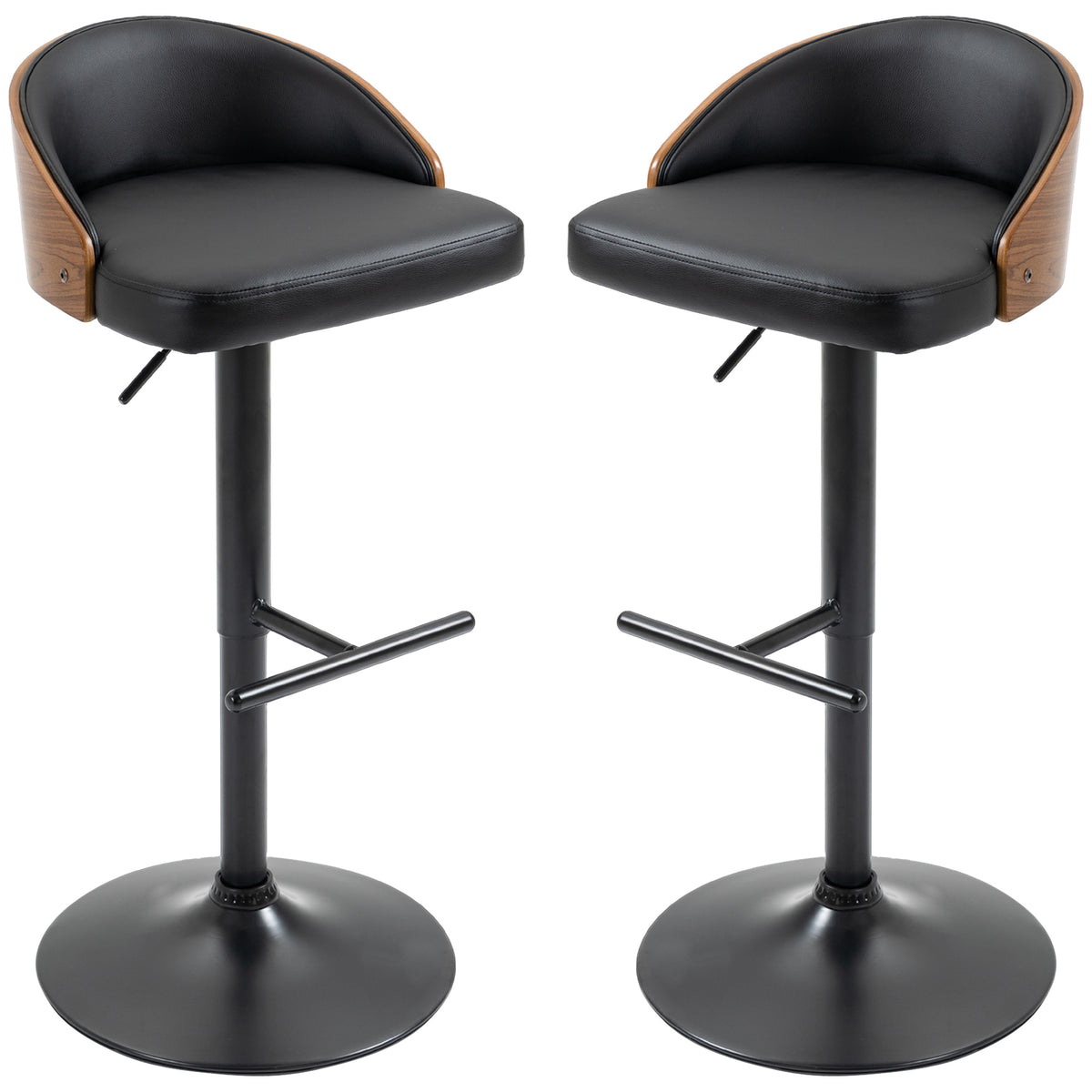 HOMCOM Barhocker 2er Set, Gepolstert Barstuhl aus Stahl und Massivholz, Höhenverstellbar Küchenstühle mit Fußstütze, 360° Drehbar, Tresenhocker für Küche, Wohnzimmer, Esszimmer, Schwarz+Kaffee