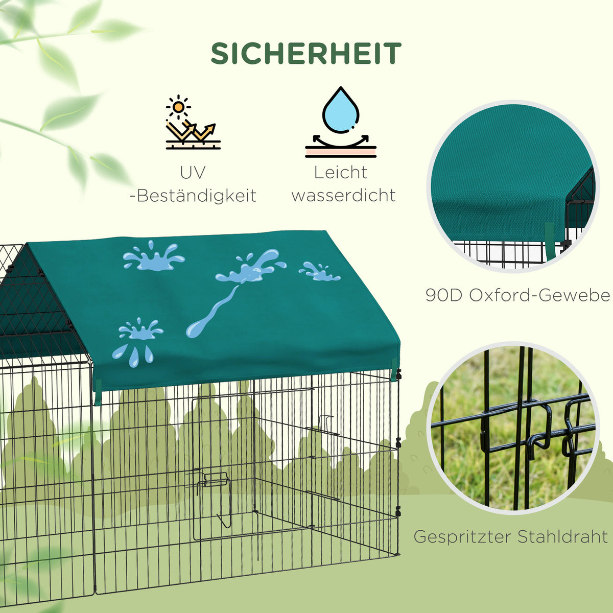 PawHut Kleintiergehege mit Dach, 4 Türen, wetterfest, Stahl/Polyester, 220x85x103cm, Grün/Schwarz