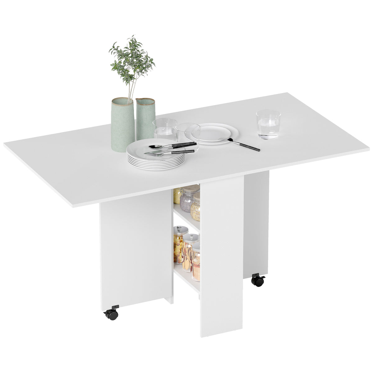 HOMCOM Esstisch, Klapptisch mit Rollen, Schreibtisch, Beistelltisch, Tisch mit Ablagefläche für Esszimmer, Holz, Weiß, 80 x 140 x 74 cm
