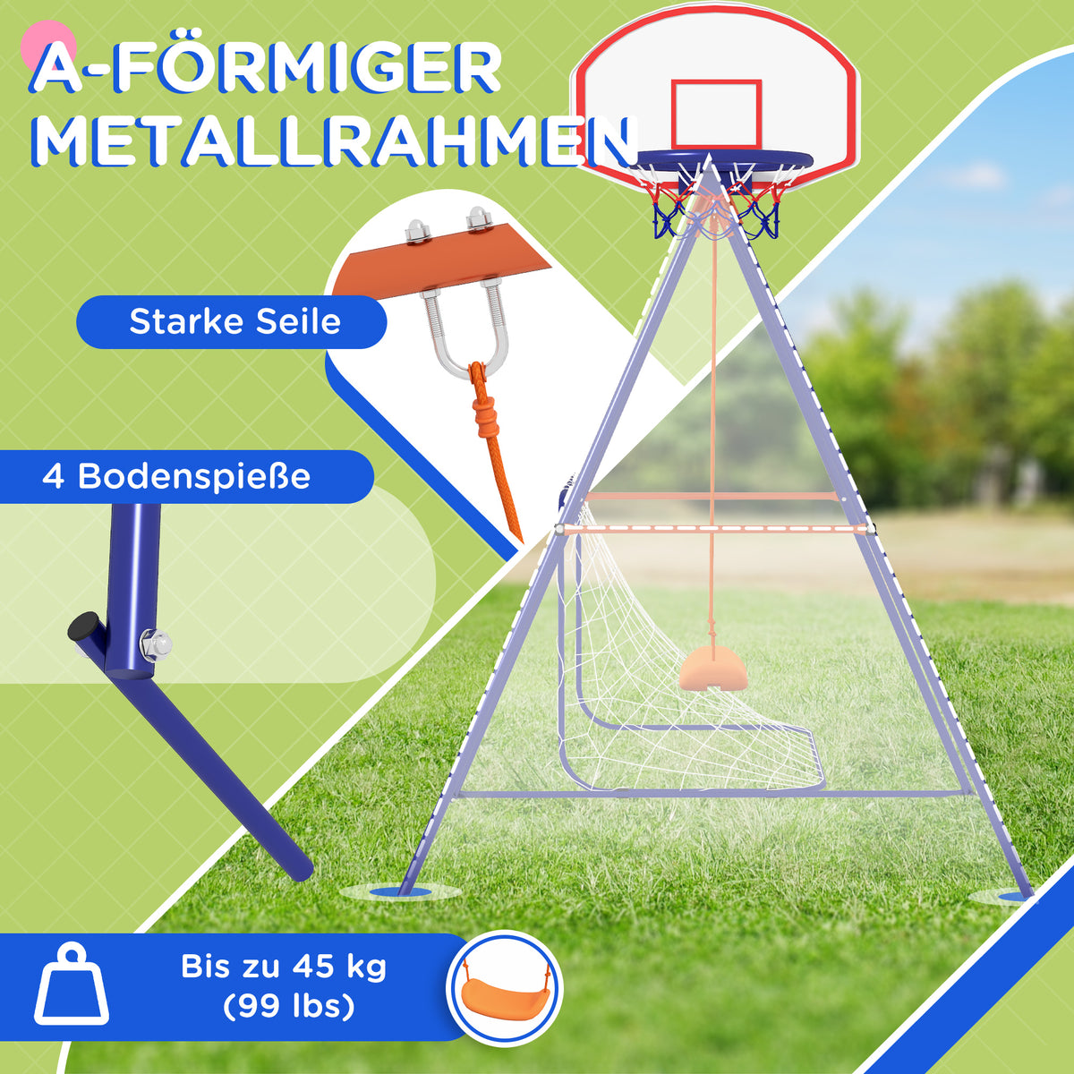 Outsunny Kinderschaukel-Set, Fußballtor, Basketballkorb, für 3 bis 8 Jahre, Stahlgestell