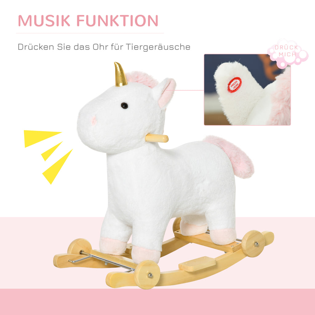 HOMCOM 2-IN-1 Schaukelpferd mit Räder Plüsch Schaukeltier Babyschaukel Spielzeug Weiß 63 x 38 x 63 cm