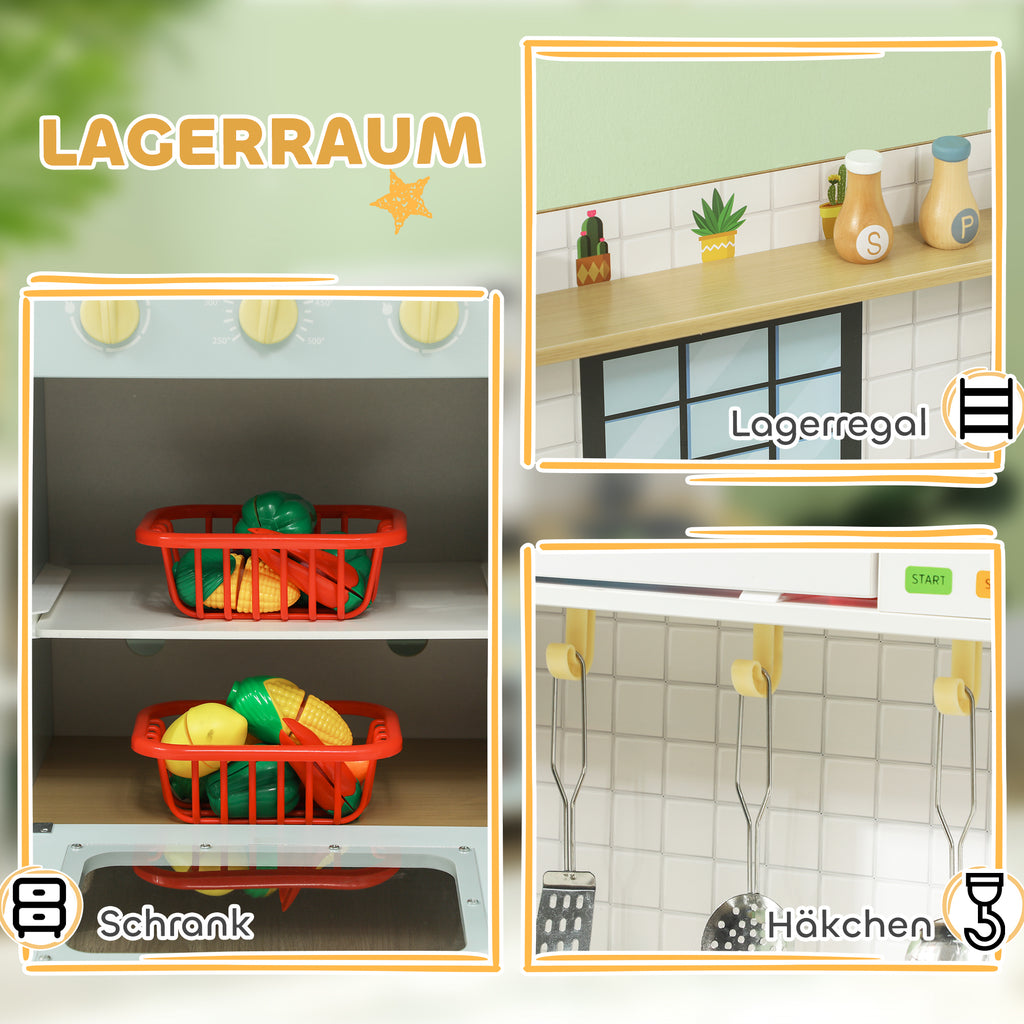 AIYAPLAY Spielküchen-Set, Kinderküche zum Spielen mit Mikrowelle, Herd und Backofen, Kochutensilien, MDF, Edelstahl, Blau