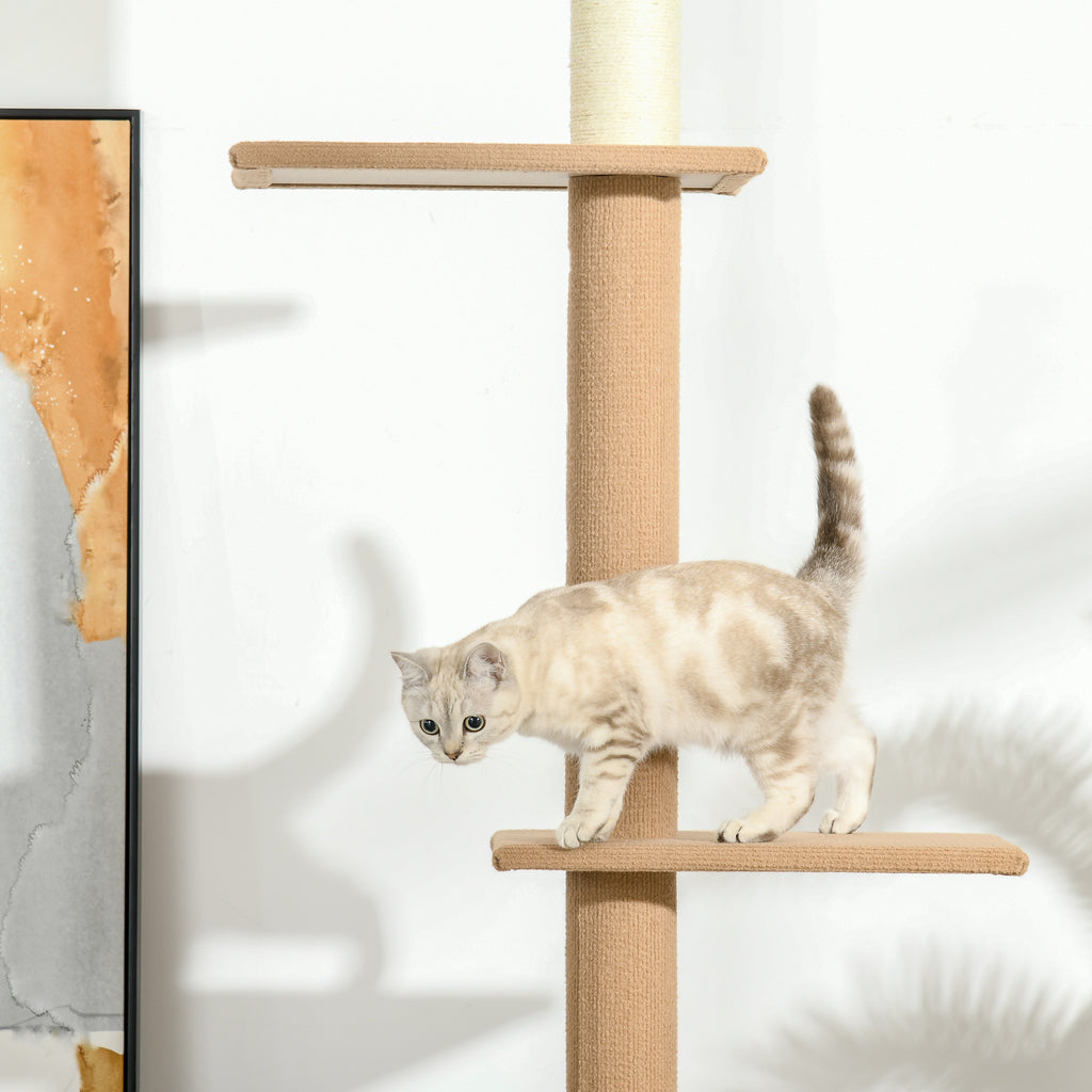 PawHut Kratzbaum Deckenhoch, 228-260 cm Höhenverstellbarer Katzenbaum Kletterbaum für Katzen mit 3 Ebenen, Katzenkratzbaum, Spielbaum vom Boden bis zur Decke Khaki