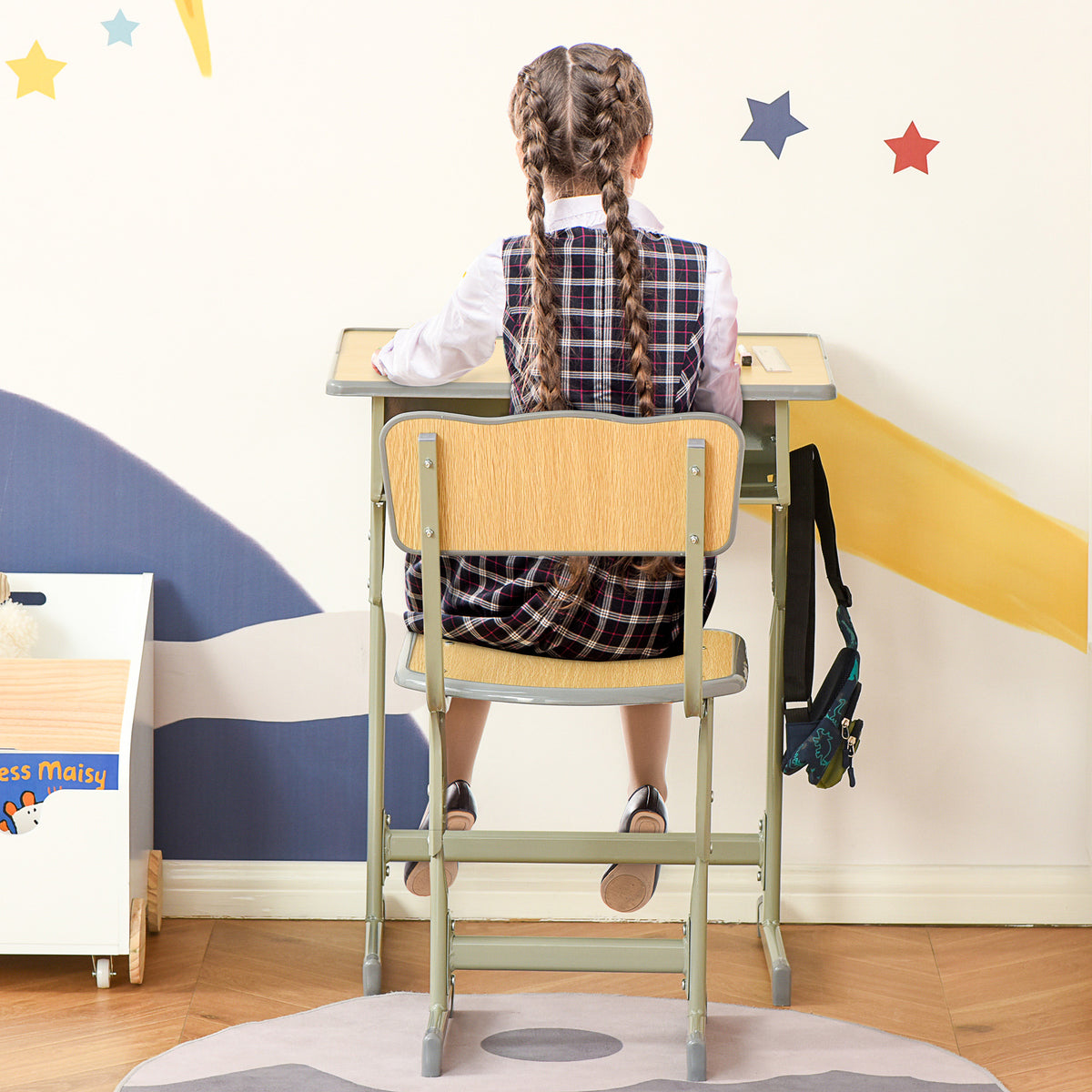 HOMCOM Kinder-Schreibtisch Vintage Schulbank-Stil - Kinder-Schreibtisch und Stuhl verstellbar - Kasten, Taschenhalter, Stiftehalter - Stahl in Khaki MDF-helle Holzoptik