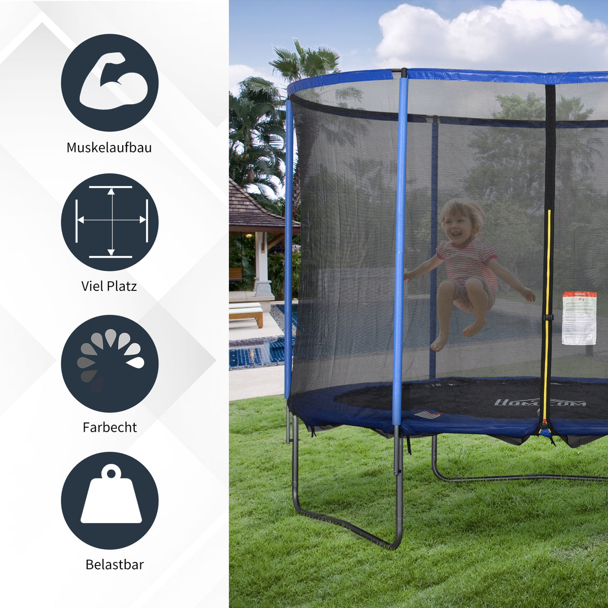 HOMCOM Trampolin mit Sicherheitsnetz Gartentrampolin für Innen- und Außenbereich Fitnesstrampolin für Kinder und Erwachsene Stahl Blau+Schwarz bis 113,6 kg Ø305 x 248H cm