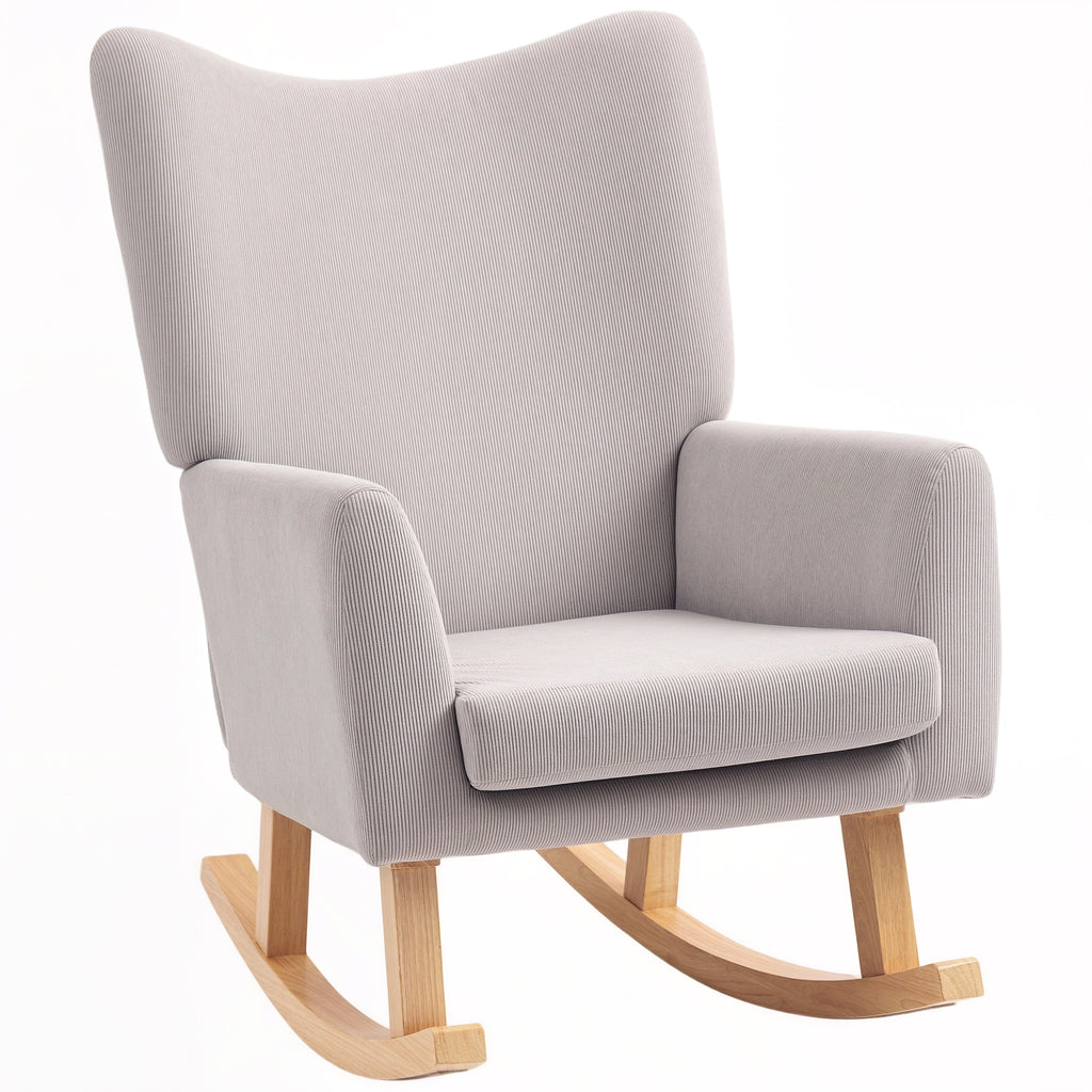 HOMCOM Schaukelstuhl im Retro-Design, Cordbezug, Kautschukholz, Schaumstoff-Füllung, hohe Rückenlehne, Polstersessel, Hellgrau