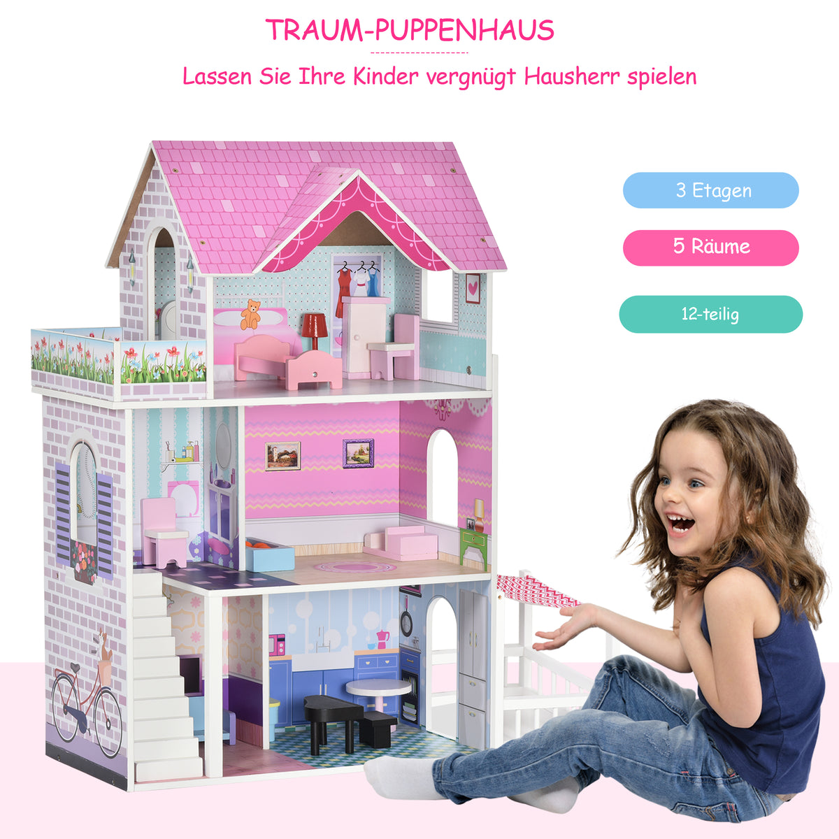 HOMCOM Puppenvilla Mädchen Spielzeug Kinder Puppenhaus aus Holz Puppenstube Dollhouse 3 Etagen mit Möbel und Zubehör 86 x 30 x 87 cm