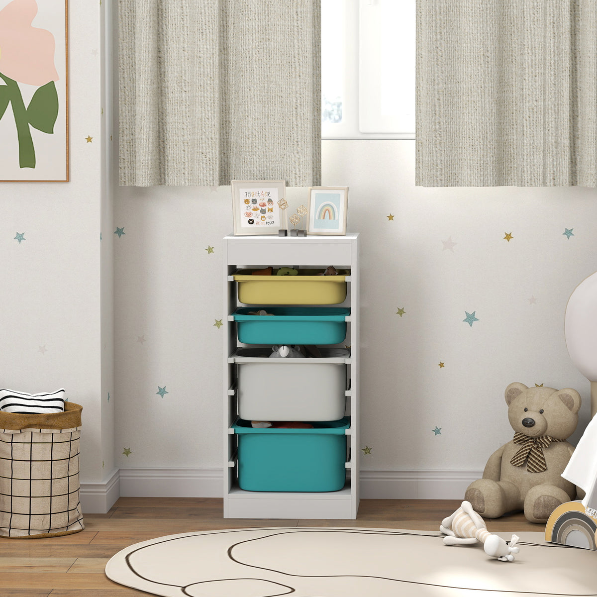 AIYAPLAY Kindermöbel-Aufbewahrungsschrank, Spielzeugaufbewahrung für Kinder, mit 4 Aufbewahrungsboxen, 40,8L x 30B x 90,3H cm, weiß