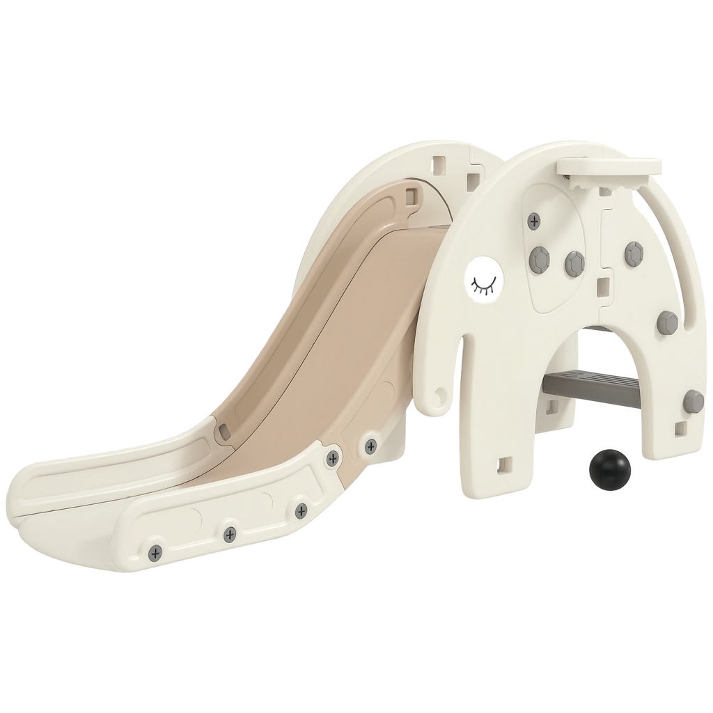 AIYAPLAY Babyrutsche 3-in-1, Klettergerüst, Basketballkorb, rutschfeste Stufen, Handläufe, Cremeweiß