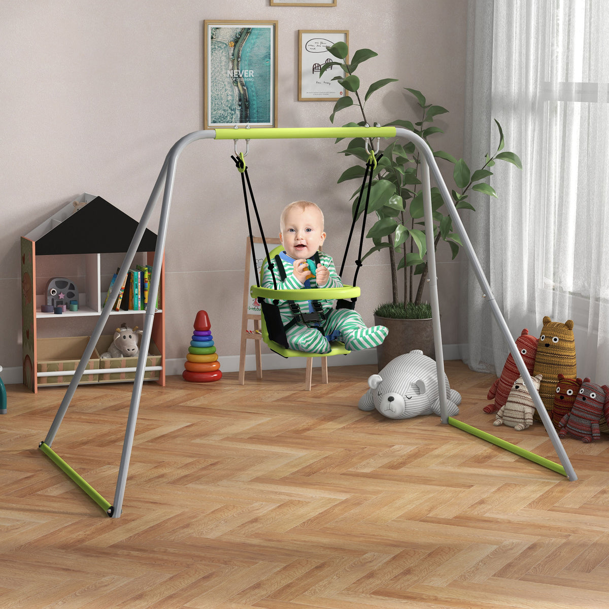 Outsunny Schaukel, 2-in-1 Schaukel für Babys mit 5-Punkt-Sicherheitsgurt, für den Innen- und Außenbereich, grün