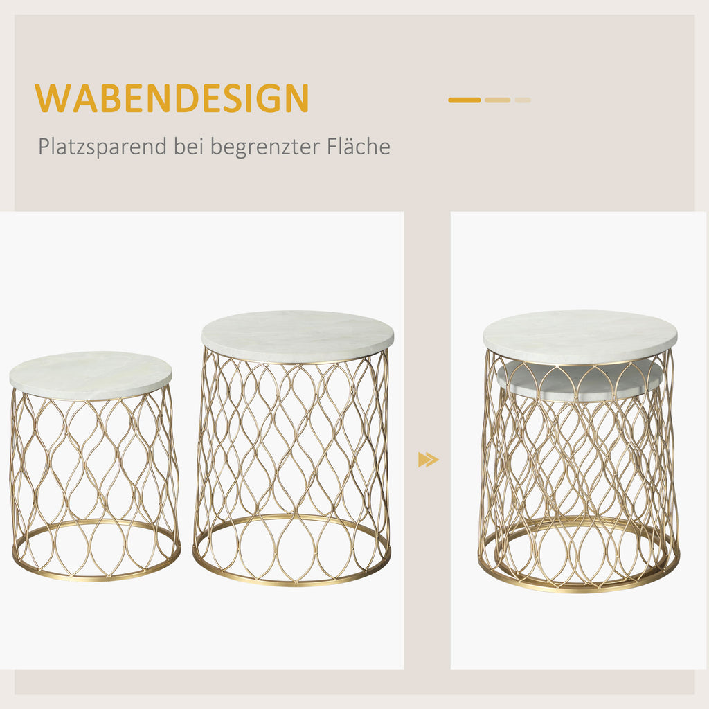 Outsunny 2er-Set Gartentisch Beistelltische Couchtische Retro Drahtkorb Metallkorb Garten Satztisch Gartenmöbel Outdoor Balkon Stahl Gold + Weiß Ø41 x 46 cm