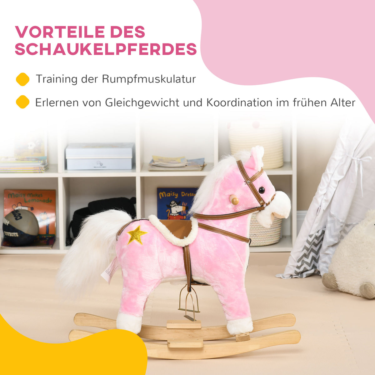 HOMCOM Schaukelpferd, Sattel mit Steigbügeln, Soundeffekte, Musik, Plüschkörper, Metallrahmen, bis 30 kg, pink