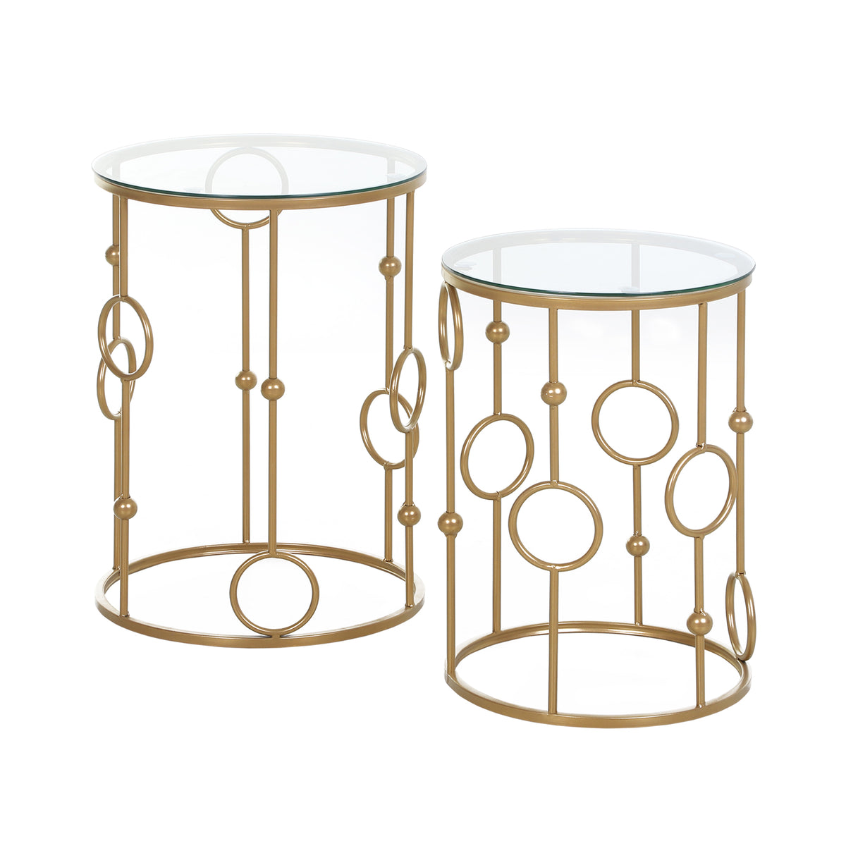 HOMCOM 2er-Set Couchtisch, Beistelltisch mit Glasplatte, Wohnzimmertisch mit Reifen- und Kugeldesign Ø41 x 57 cm, Gold