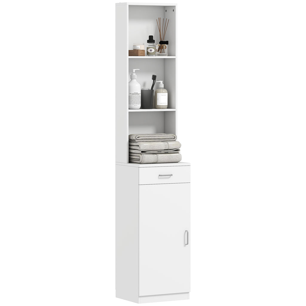 HOMCOM Hoher Badezimmerschrank, schmales Design, Schublade, Regale, Schrank, Spanplatte, Weiß