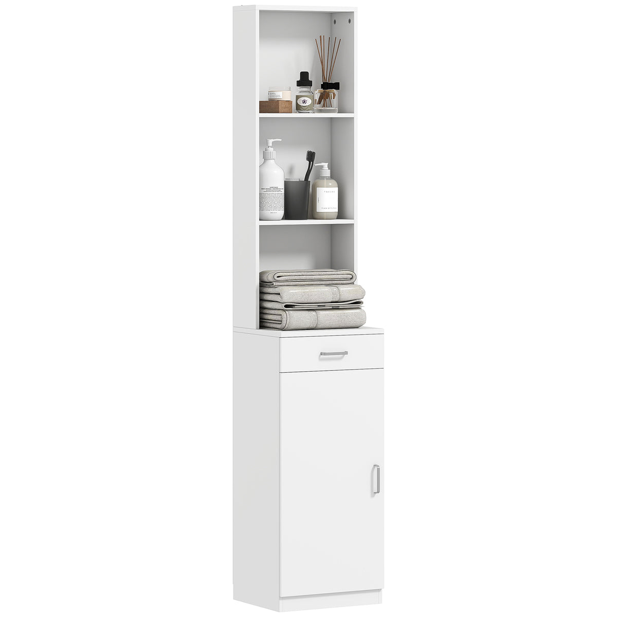 HOMCOM Hoher Badezimmerschrank, schmales Design, Schublade, Regale, Schrank, Spanplatte, Weiß