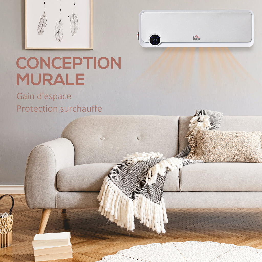 HOMCOM Wandmontierter oszillierender Heizlüfter 2000 W - Keramik-PTC-Heizung - 3 Leistungsstufen - Fernbedienung inklusive Weiß Silber