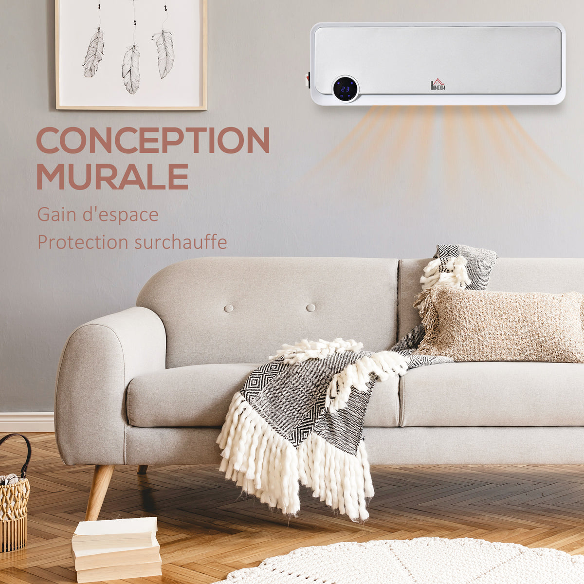 HOMCOM Wandmontierter oszillierender Heizlüfter 2000 W - Keramik-PTC-Heizung - 3 Leistungsstufen - Fernbedienung inklusive Weiß Silber