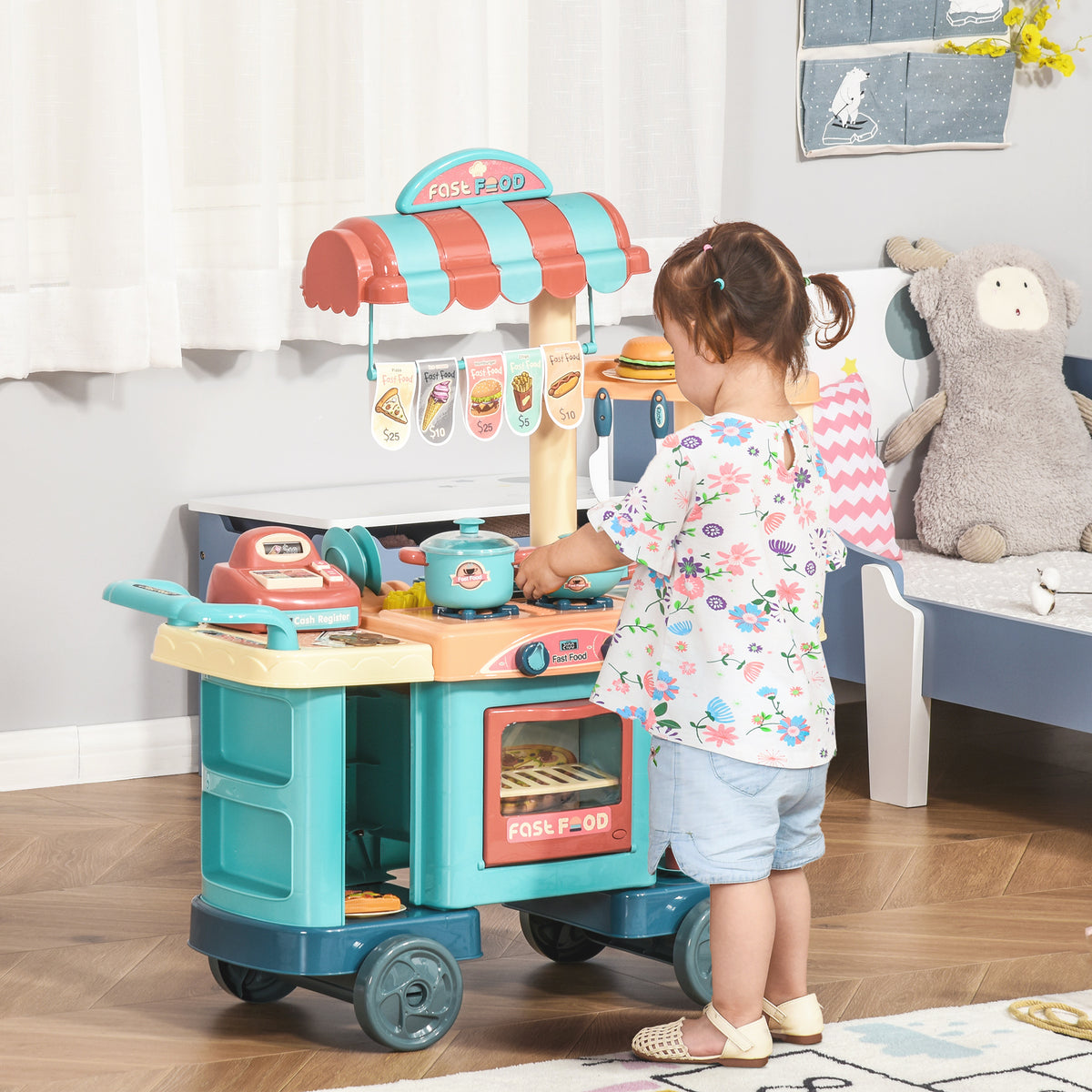 HOMCOM Kinderküche mit Zubehör 50-Teilige Spielküche Spielzeugküche Kunststoff Blau+Rot+Orange 79,5 x 33 x 90,5 cm