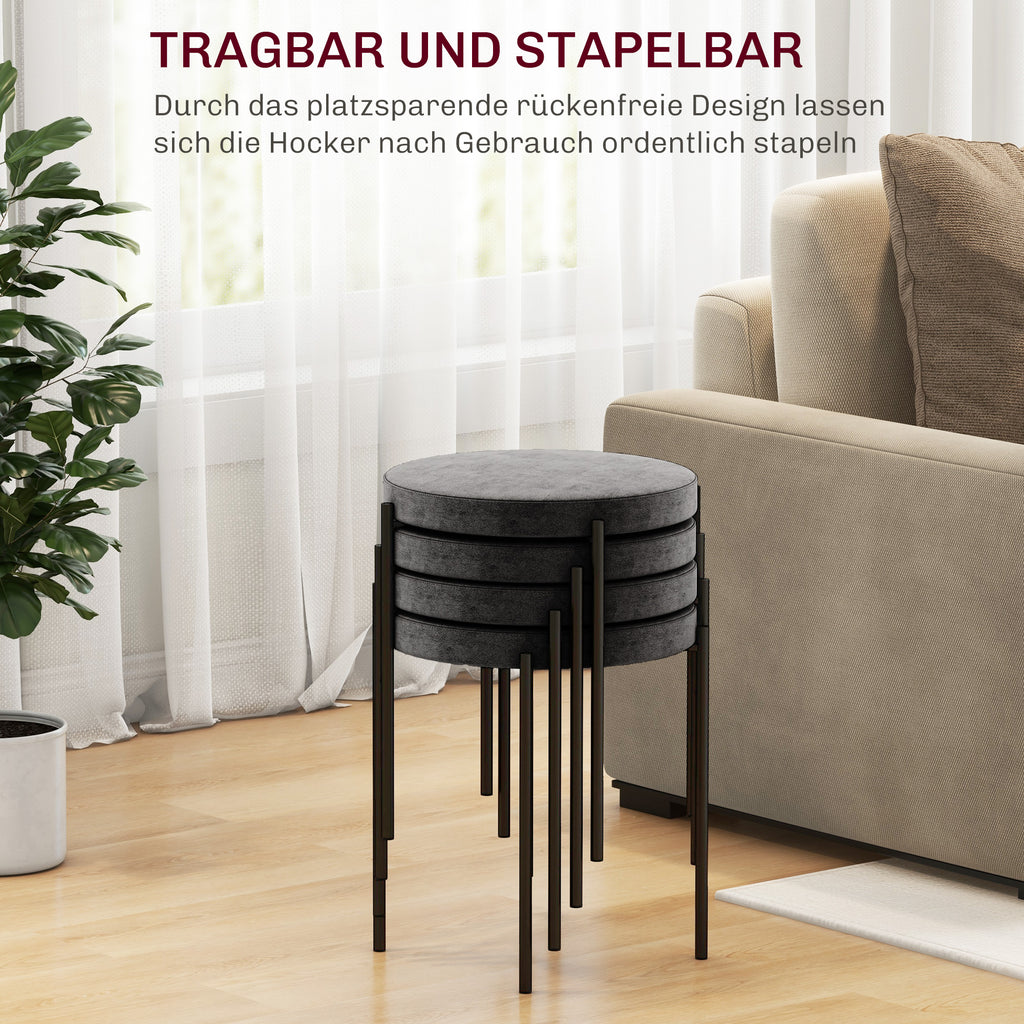 HOMCOM Küchenhocker 4-er Set, stapelbar, Samtoptik, bis 100kg, Stahlrahmen, 41,5 x 41,5 x 46 cm, Dunkelgrau