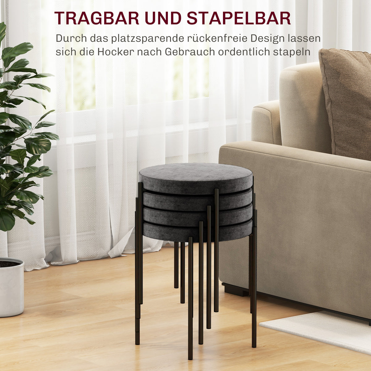 HOMCOM Küchenhocker 4-er Set, stapelbar, Samtoptik, bis 100kg, Stahlrahmen, 41,5 x 41,5 x 46 cm, Dunkelgrau