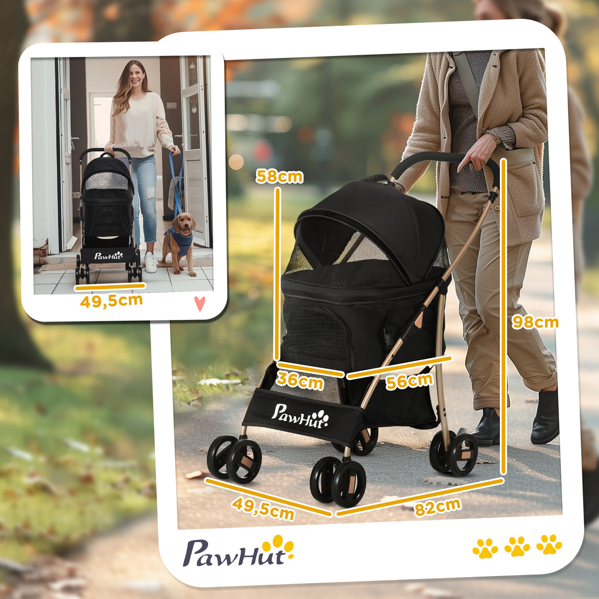 PawHut 2-in-1 Hundewagen und Transportkorb bis 10 kg Klappbar Netzfenster Bodenkorb 82 cm x 49,5 cm x 98 cm Schwarz