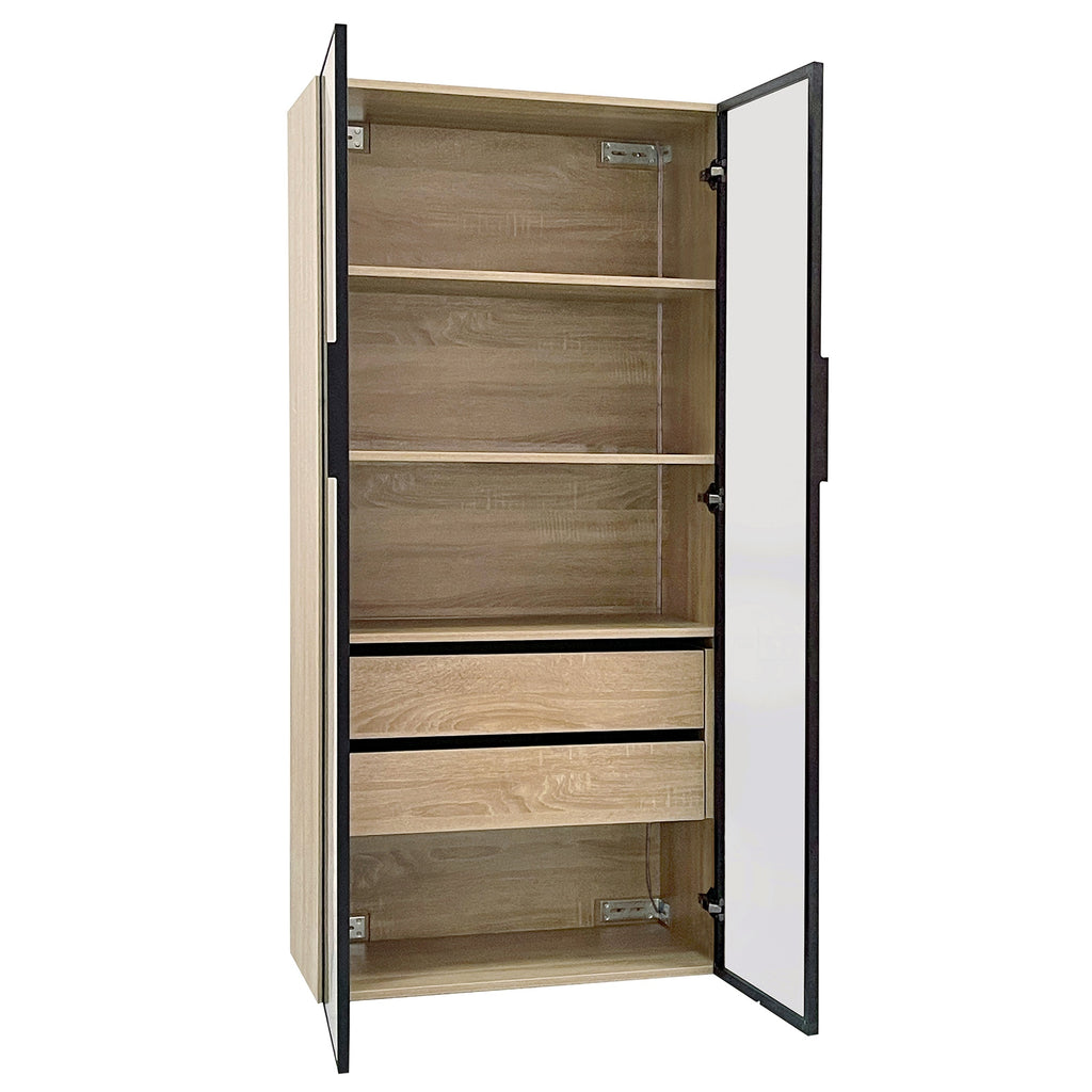 Badezimmerschrank 74x36x155 cm MDF mit LED-Beleuchtung, 2 Schubladen, 2 Türen, Milchglas, Schwarz