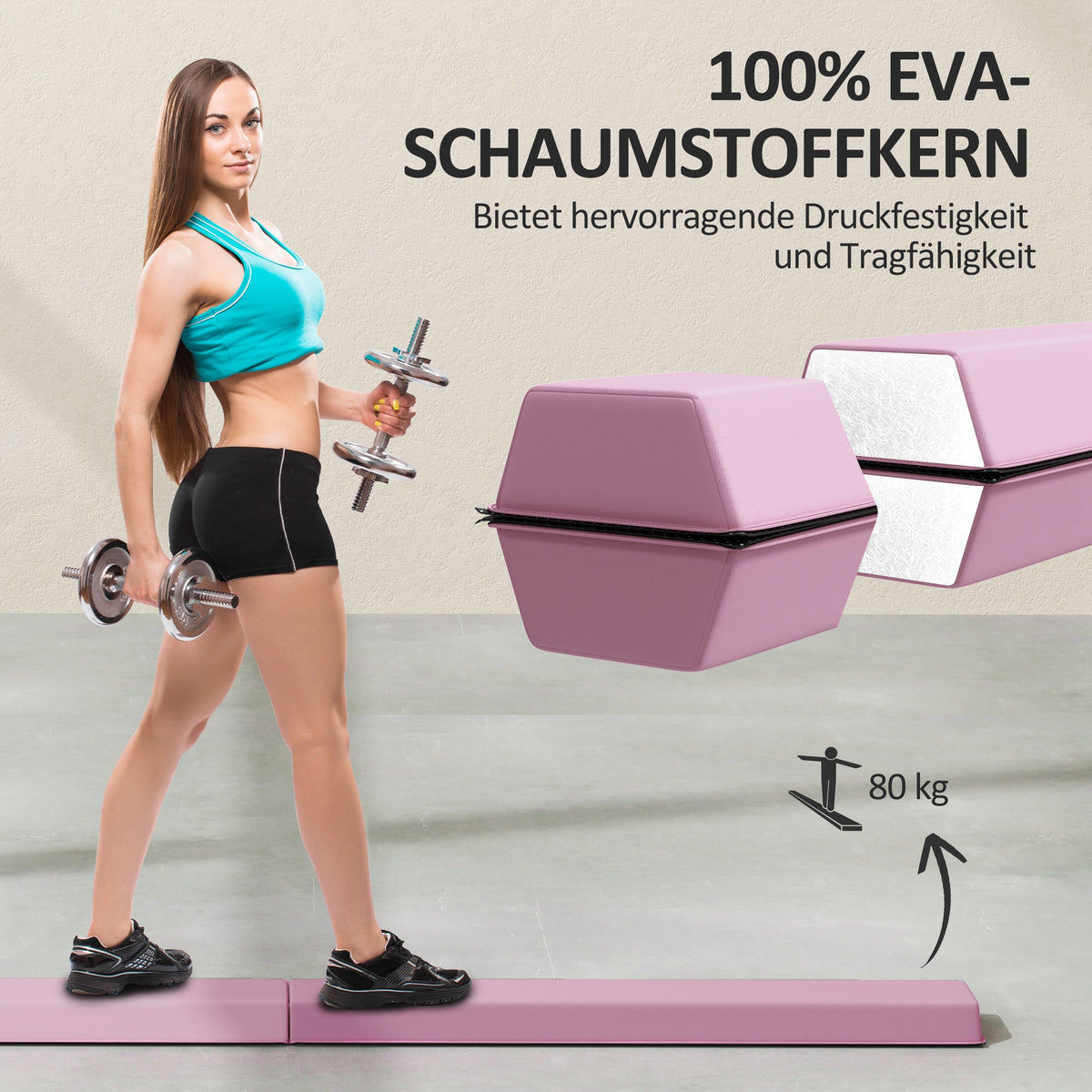 SPORTNOW Schwebebalken 2,4 m, faltbar, rutschfester Boden, für 3+ Jahre, bis 80 kg, Rosa