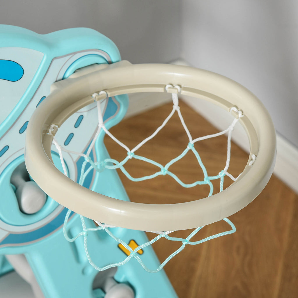 HOMCOM Kinderrutsche ab 18 Monaten faltbar mit 3 Stufen und Basketballkorb, 140x87x75cm, Blau und Grau