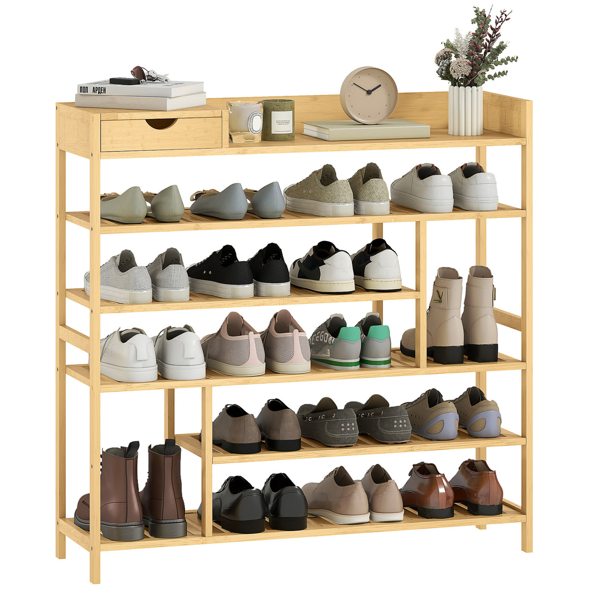 HOMCOM Schuhregal, Schuhständer mit 6 Ebenen, Schublade aus Bambus, für max. 18 Paar Schuhe, Schuhablage für Eingang, Schlafzimmer, 101 x 30 x 100 cm, Natur