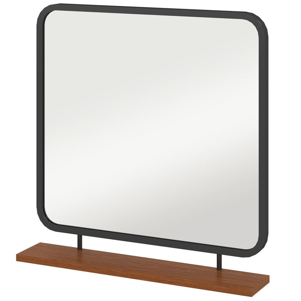 HOMCOM Wandspiegel mit Ablage, Vintage-Design, Metallrahmen, Paulownia-Holz, 55 x 55,5 cm, Schwarz/Holz
