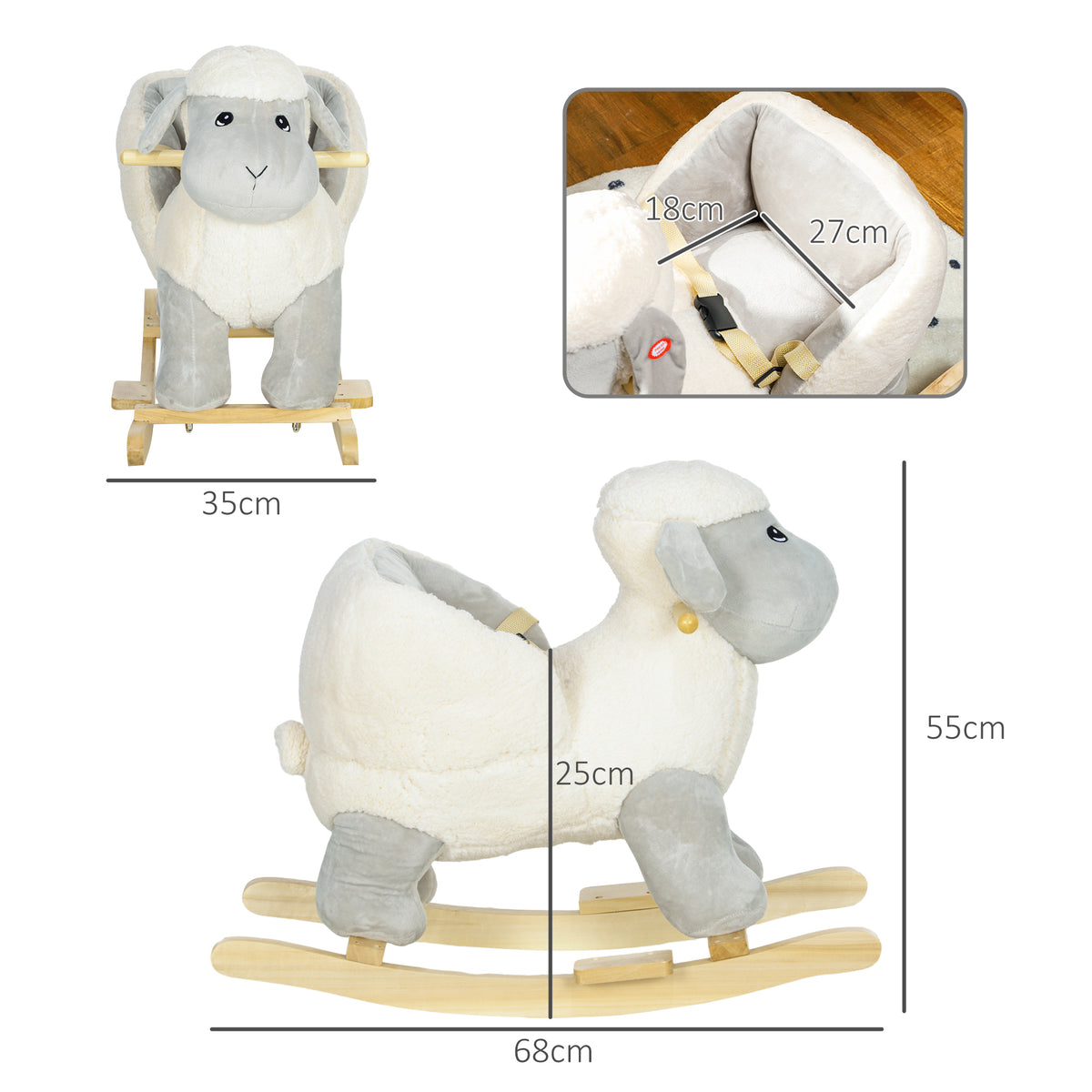 AIYAPLAY Schaukelpferd, niedliches Schaf, Sicherheitsgurt, Soundeffekte, 1,5-3 Jahre, bis 40 kg, Grau