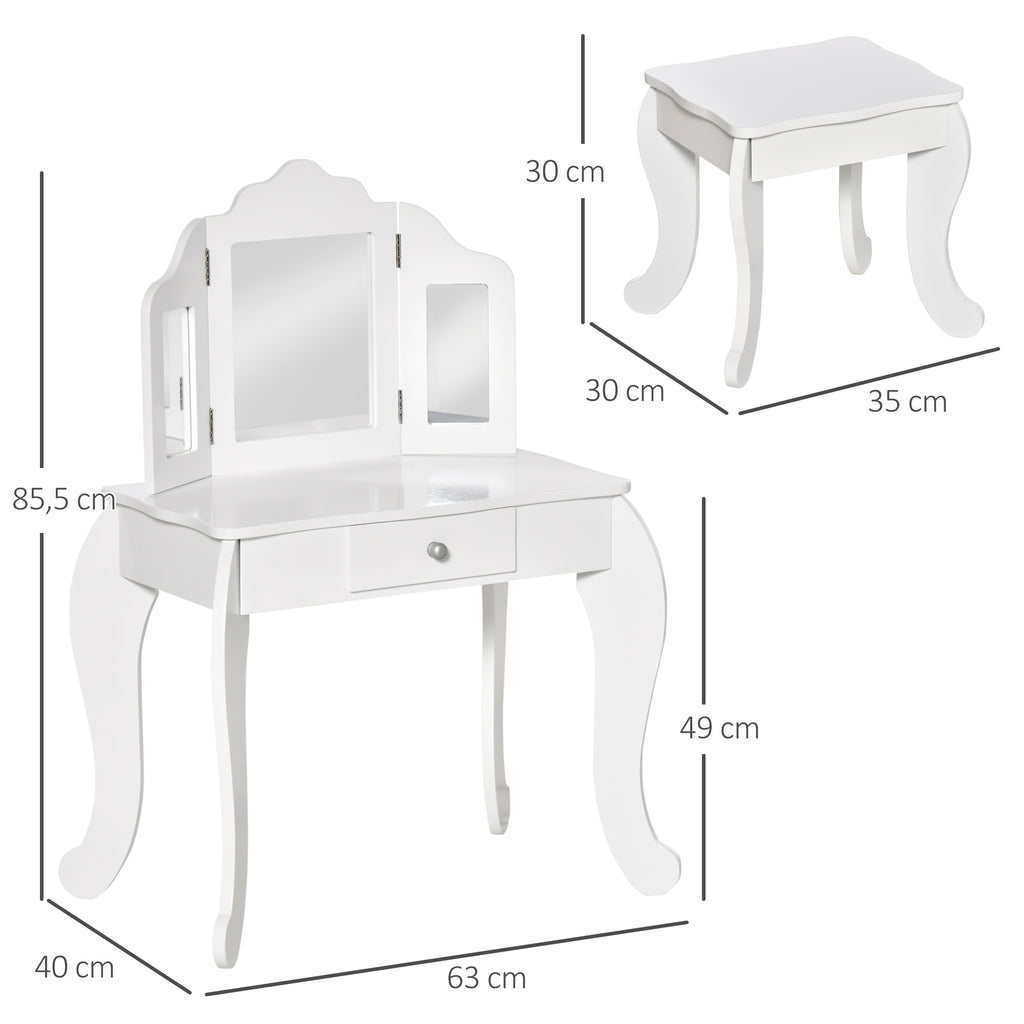 HOMCOM Kinderschminktisch mit Hocker, dreiteiligem Spiegel und ausziehbarer Schublade - Schminktisch Maße 63L x 40B x 85,5H cm - Weiß Acryl