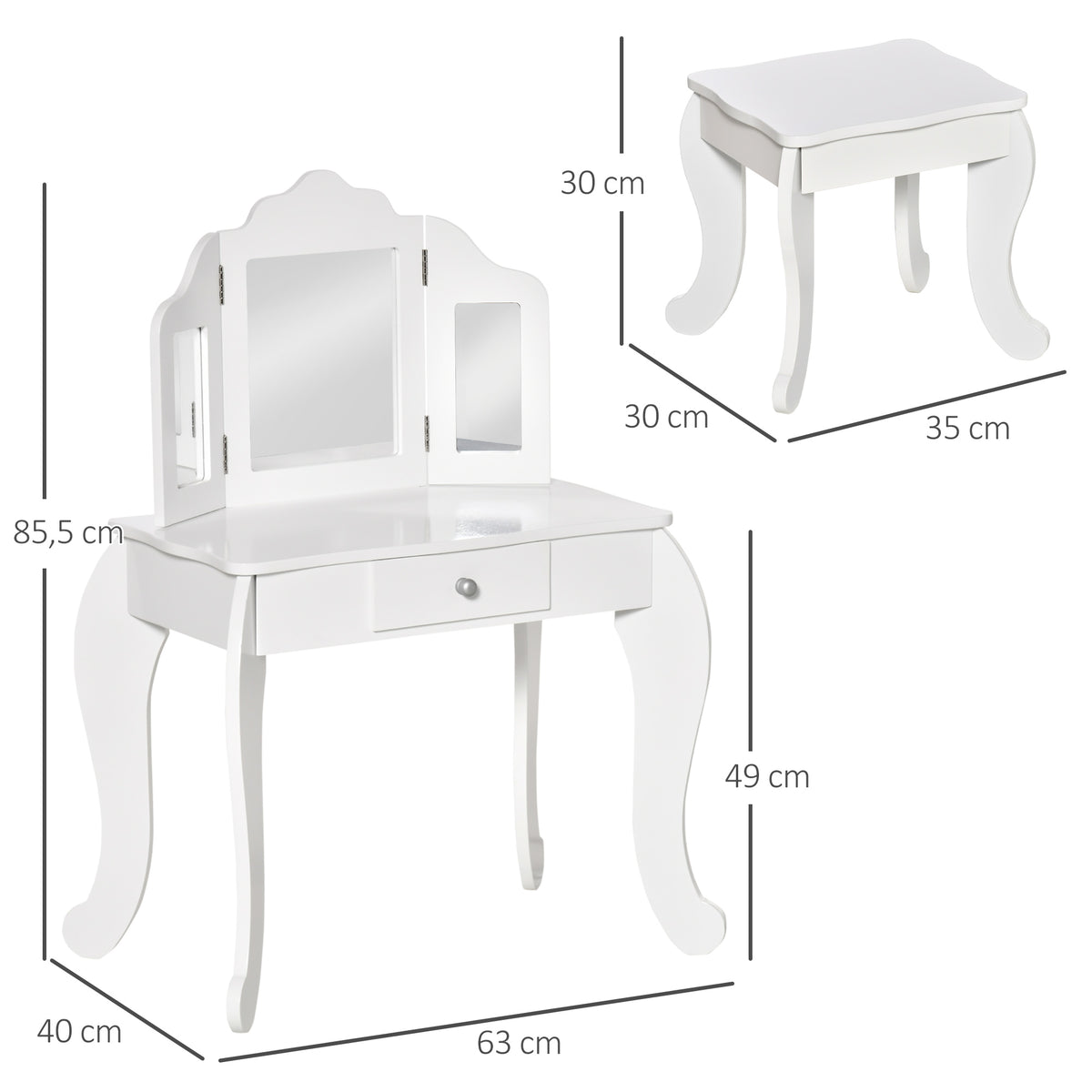 HOMCOM Kinderschminktisch mit Hocker, dreiteiligem Spiegel und ausziehbarer Schublade - Schminktisch Maße 63L x 40B x 85,5H cm - Weiß Acryl
