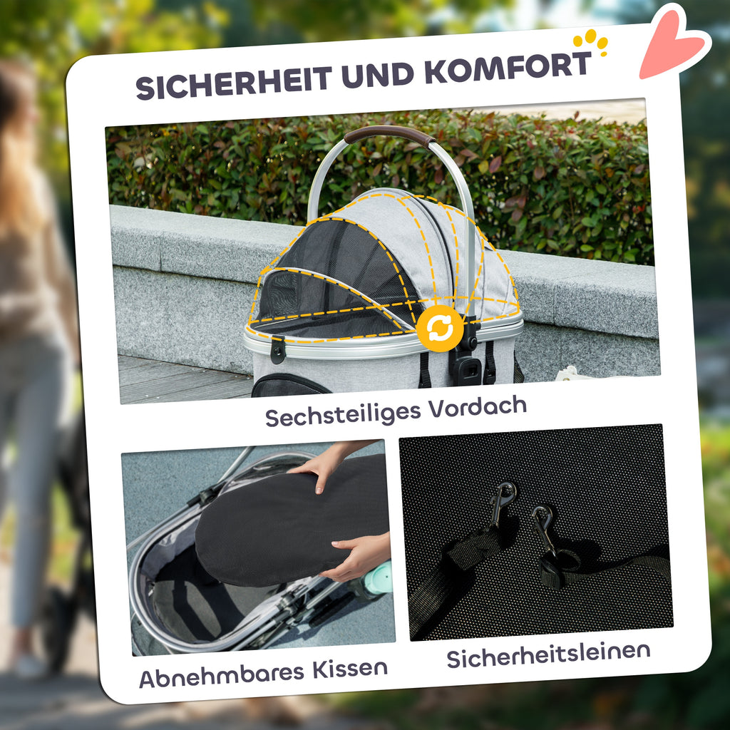 PawHut Hundewagen 3 in 1 Hundebuggy klappbar für Katzen bis 10 kg Katzenbuggy mit Kissen Becherhalter Hellgrau