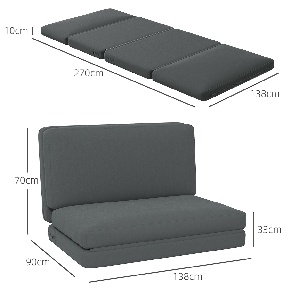 HOMCOM 3-in-1 faltbarer Relaxsessel, Gästematratze, teilbar, 138 cm breit, Dunkelgrau