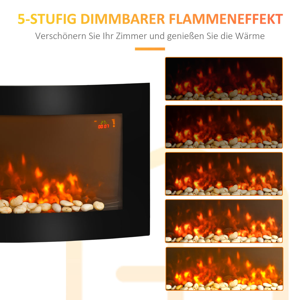 HOMCOM Elektrokamin mit Heizung, Wandkamin mit LED Flammeneffekt, 7 Flammenfarben, 1000/2000 W, elektrischer Kamin mit Timer, Einstellbarer Thermostat, Dekokamin mit Fernbedienung, Schwarz, 89,2 cm