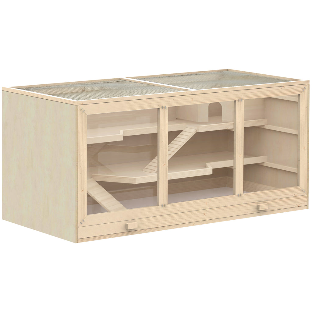 PawHut Hamsterkäfig aus Holz 3 Etagen Nagerkäfig mit reinigbar Ablage Kleintierkäfig mit klappbarem Deckel Treppen Holzkäfig Käfig für Hamster Zwerghamster 115 x 57 x 55 cm Naturholz