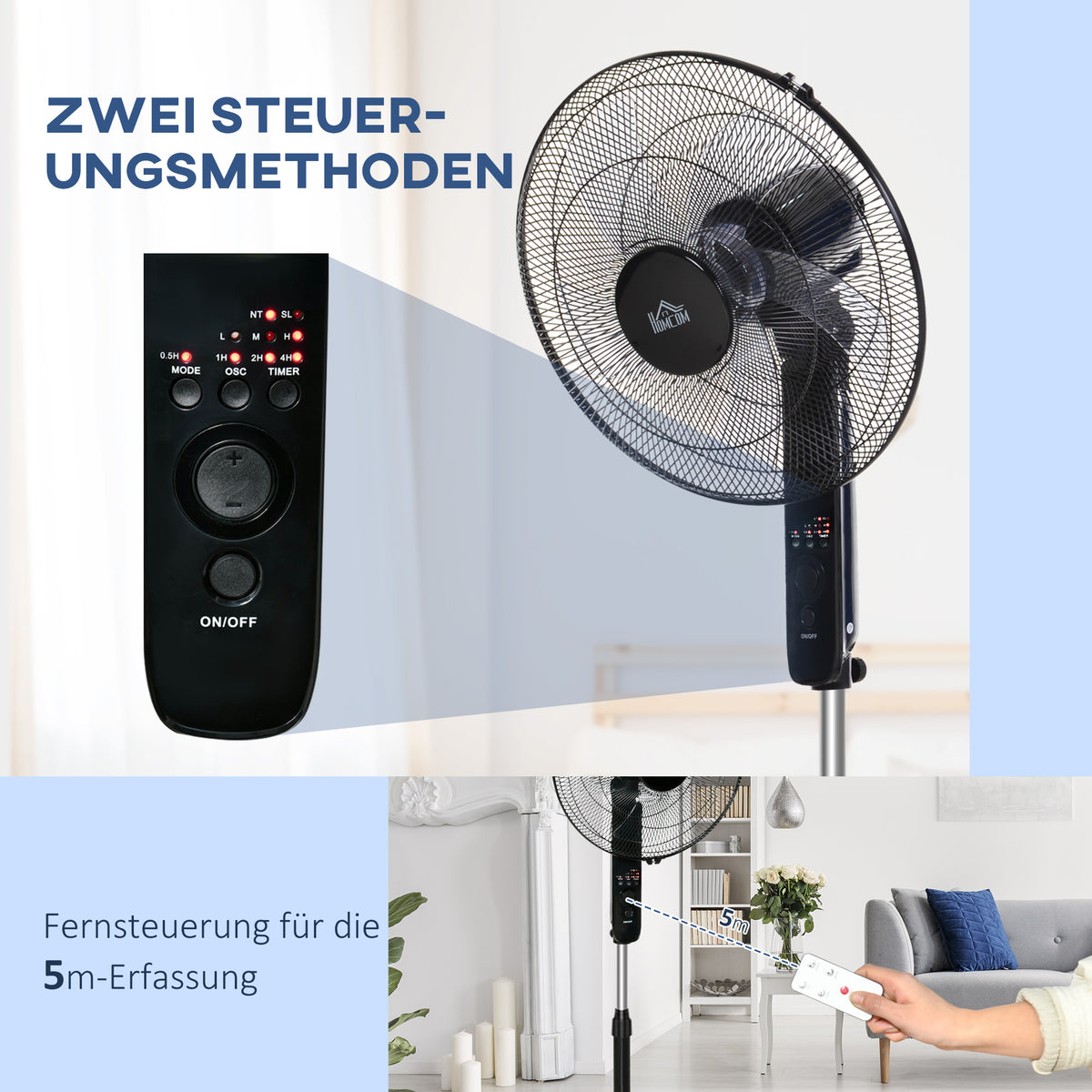 HOMCOM Standventilator mit Fernbedienung, Ventilator, Höhenverstellbarer Lüfter, 3 Geschwindigkeitsstufen, Verstellbarer Neigungswinkel, Metall, Schwarz, Ø44,5 x H110-124 cm