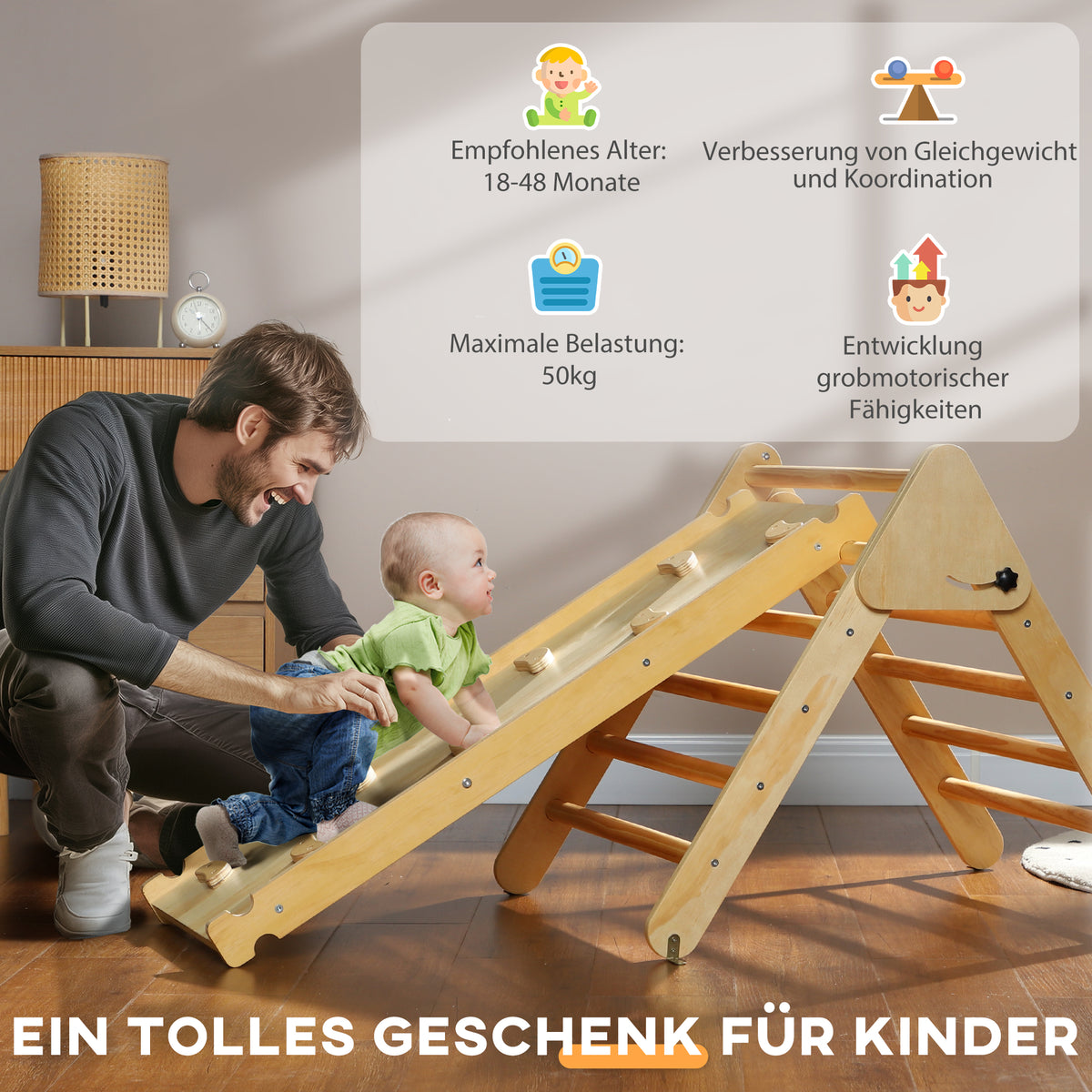 AIYAPLAY Kinder-Kletterset aus Holz mit Dreiecks-Leiter und zweiseitiger Rampe, für Kinder im Alter von 18-48 Monaten