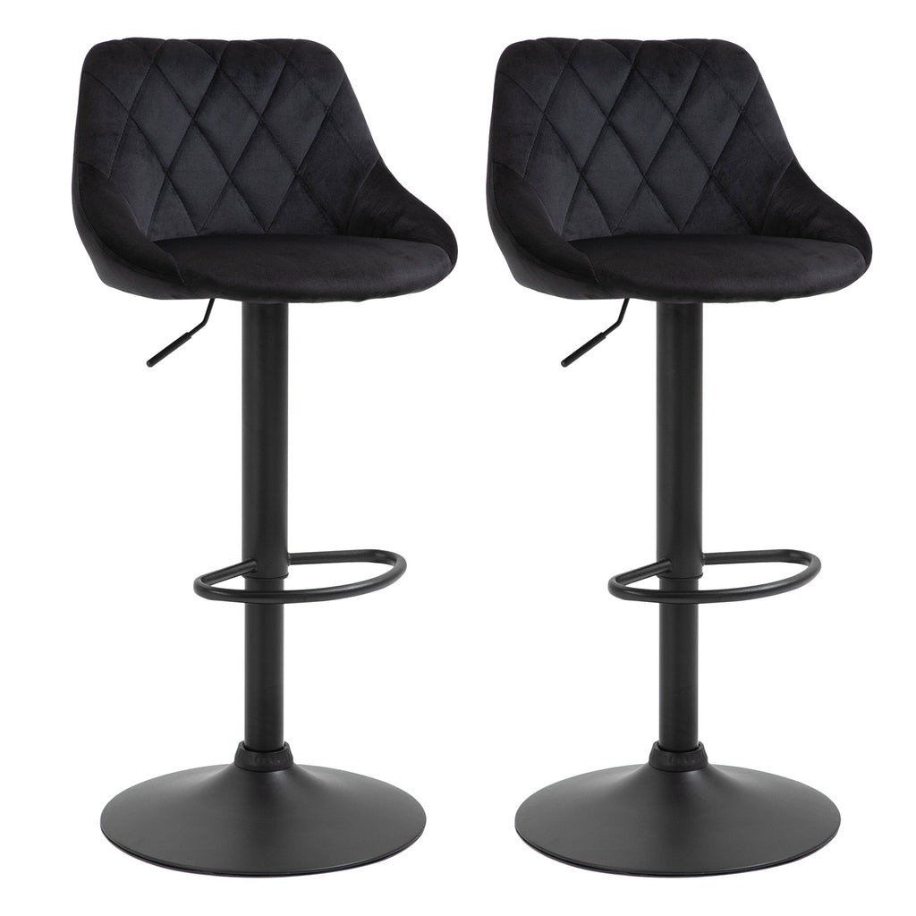 HOMCOM Barhocker 2er-Set Barstuhl mit Lehne, Samt-Optik, Stahlgestell, Höhenverstellbare Küchenstühle mit Fußstütze Drehbar Tresenhocker, Schwarz