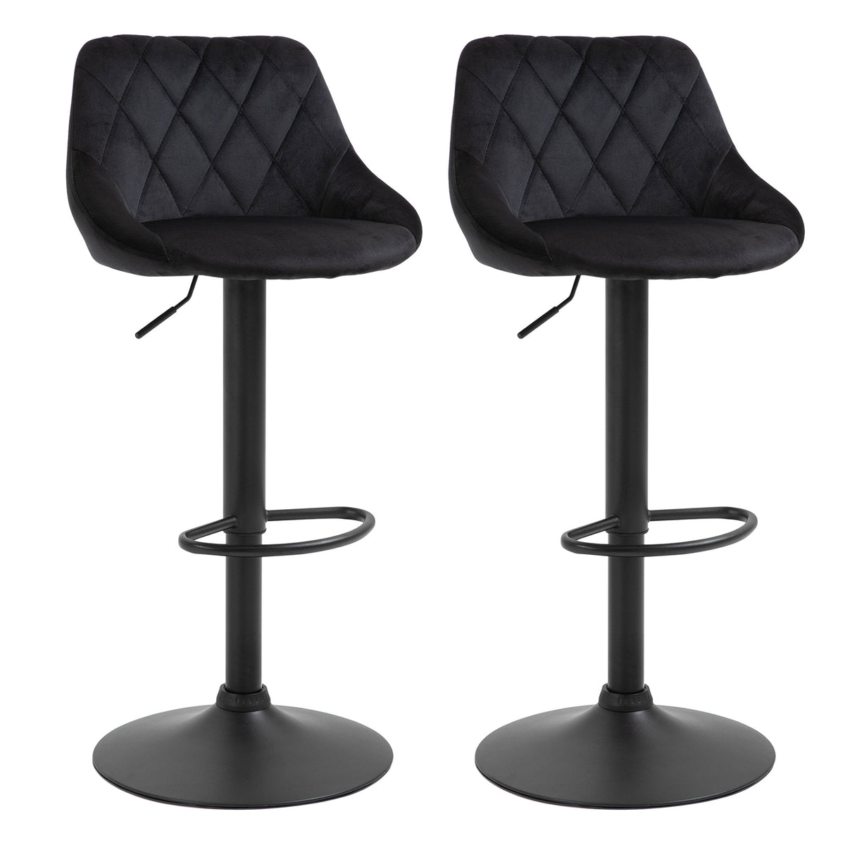 HOMCOM Barhocker 2er-Set Barstuhl mit Lehne, Samt-Optik, Stahlgestell, Höhenverstellbare Küchenstühle mit Fußstütze Drehbar Tresenhocker, Schwarz