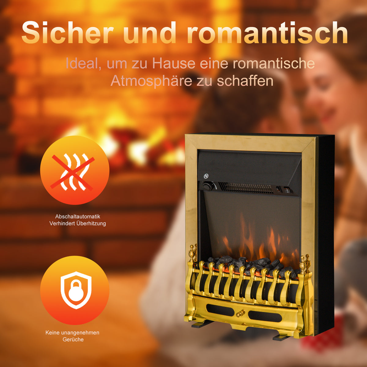 HOMCOM Elektrokamin Kamin Kaminofen Elektrischer Standkamin Flammeneffekt 1000/2000W 48,2 x 18,5 x 59,2 cm Gold