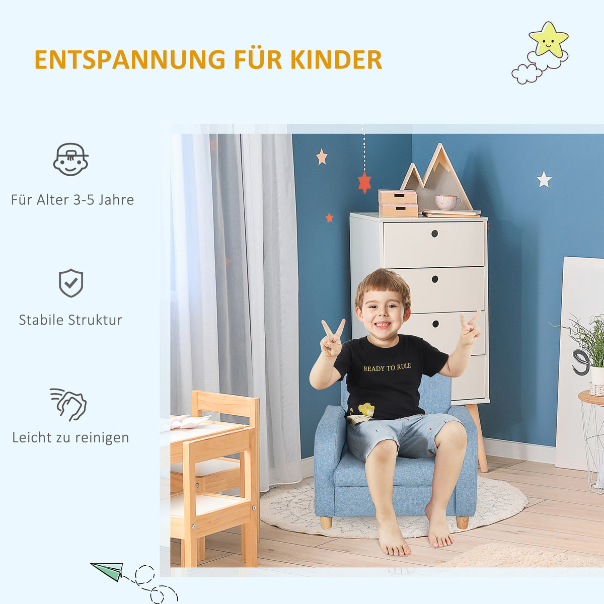 HOMCOM Kindersessel Kindersofa mit dickem Schaumstoff und dicken Sitzkissen Kindercouch Stuhl Liegesofa mit Anti-Rutsch-Füßen für 3-5 Jahre Kinder Holz Leinen Schaumstoff Blau 49x45x44,5 cm