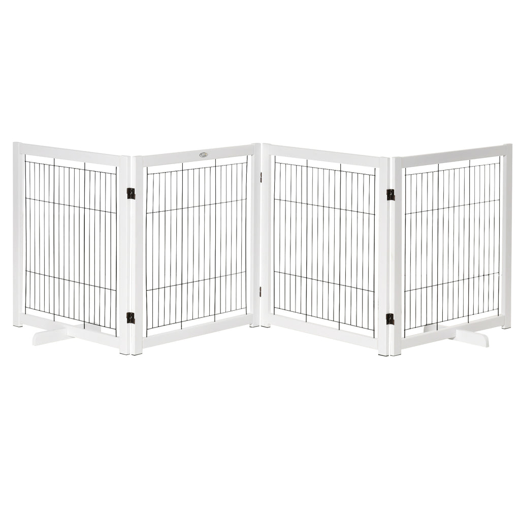 PawHut Türschutzgitter Holz Absperrgitter für Hunde Schutzgitter Hundegitter Sicherheitstür Bidirektionales Falten Stahl Weiß 305 x 35,5 x 82 cm