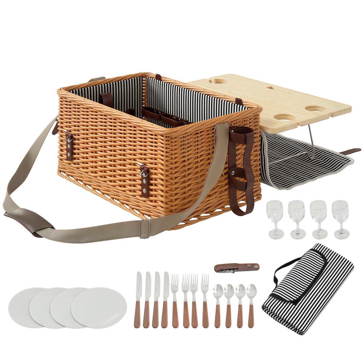 Outsunny Picknickkorb aus Weidenholz Picknickkoffer für 4 Personen mit Picknickdecke Besteck Set, Flascheöffner Hellbraun