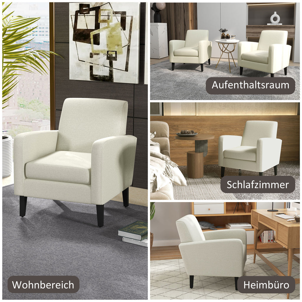 HOMCOM Einzelsessel, Relaxsessel, Polstersessel mit Holzfüßen, Stoff in Leinenoptik, 66 x 72 x 74 cm, Cremeweiß