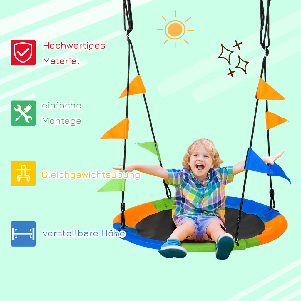 Outsunny Ø100 cm Nestschaukel Tellerschaukel Kinderschaukel Gartenschaukel bis 80 kg Outdoor belastbar für 3+ Jahre Metall Polyester Blau+Grün+Orange