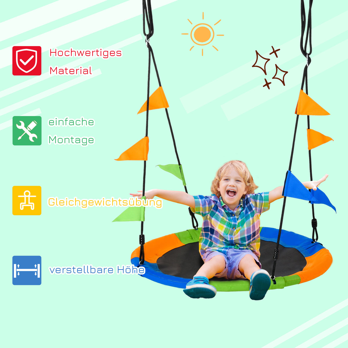 Outsunny Ø100 cm Nestschaukel Tellerschaukel Kinderschaukel Gartenschaukel bis 80 kg Outdoor belastbar für 3+ Jahre Metall Polyester Blau+Grün+Orange