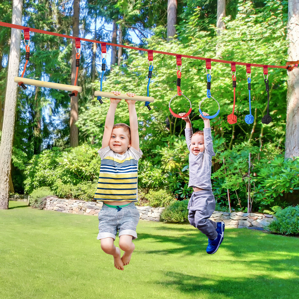 Outsunny Ninja Kletterset, Slackline, 30-teilig, 10 m Seil, für Kinder 3-6 Jahren