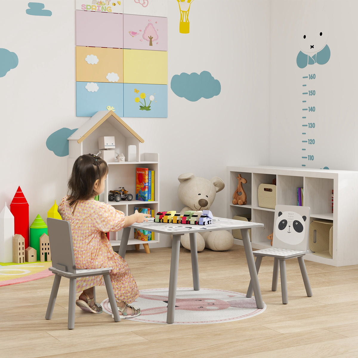 ZONEKIZ Kindertisch und 2 Stühle für Kinder 3-8 Jahre aus MDF und Kiefernholz, Grau